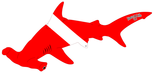 Copyrighted image of a Hammer Head Shark. Red body with a white stripe that looks like a diver down flag.