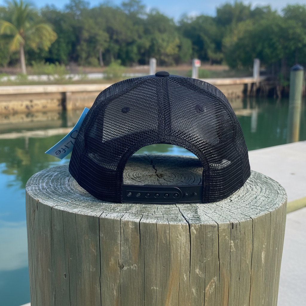 Black Trucker Hat Back with Waterfront Background