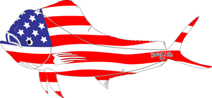 Copyrighted image of a Mahi Mahi. Body is covered with the a American Flag.