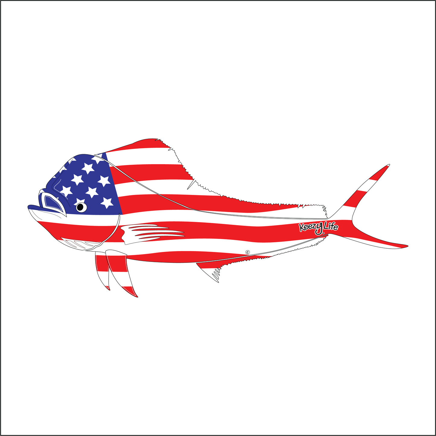Copyrighted image of a Mahi Mahi. Body is covered with the a American Flag.