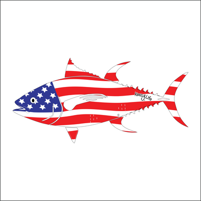 Copyrighted image of a Tuna. Body is covered with the a American Flag.