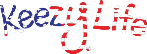 Says Keezy Life. The letter Y has a fish hook shaped to the bottom of the Y. Colored like the American Flag