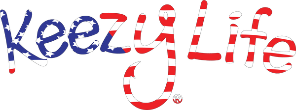 Says Keezy Life. The letter Y has a fish hook shaped to the bottom of the Y. Colored like the American Flag