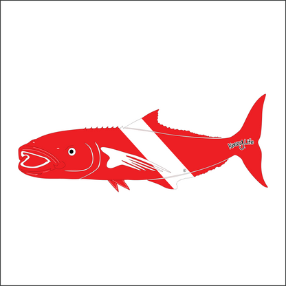 Copyrighted image of a Cobia. Red body with a white stripe that looks live a diver down flag.