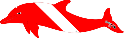 Copyrighted image of a Dolphin. Red body with a white stripe that looks live a diver down flag.