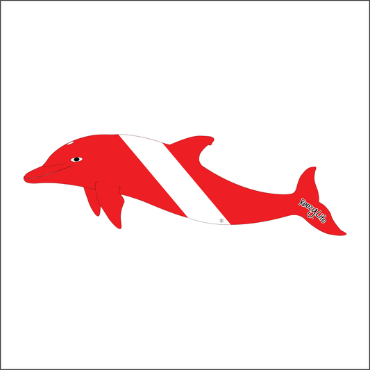 Copyrighted image of a Dolphin. Red body with a white stripe that looks live a diver down flag.