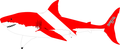 Copyrighted image of a Great White Shark. Red body with a white stripe that looks live a diver down flag.