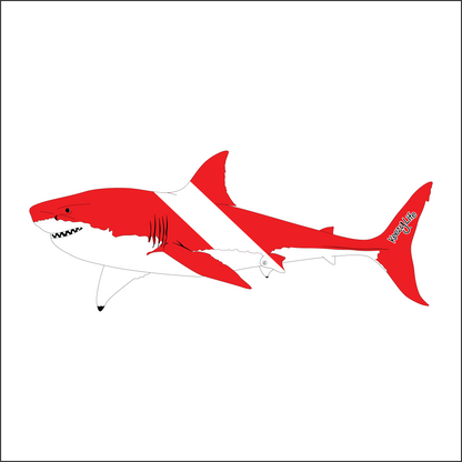 Copyrighted image of a Great White Shark. Red body with a white stripe that looks live a diver down flag.
