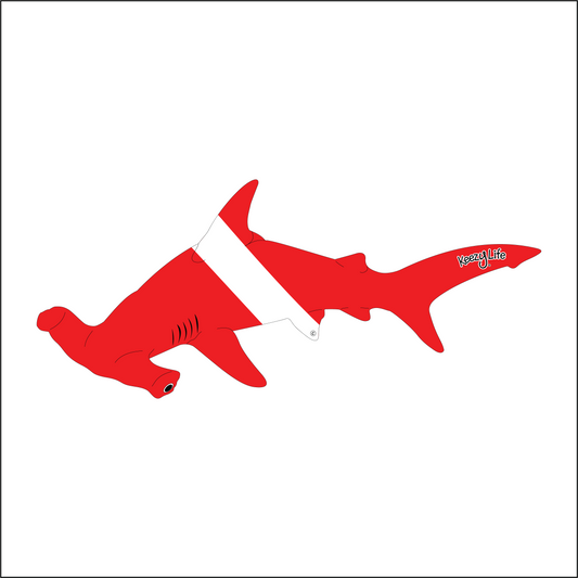 Copyrighted image of a Hammer Head Shark. Red body with a white stripe that looks live a diver down flag.