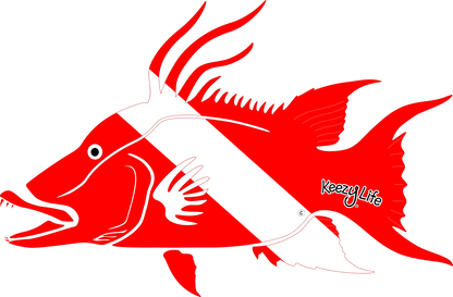 Copyrighted image of a Hogfish. Red body with a white stripe that looks live a diver down flag.