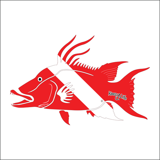 Copyrighted image of a Hogfish. Red body with a white stripe that looks live a diver down flag.