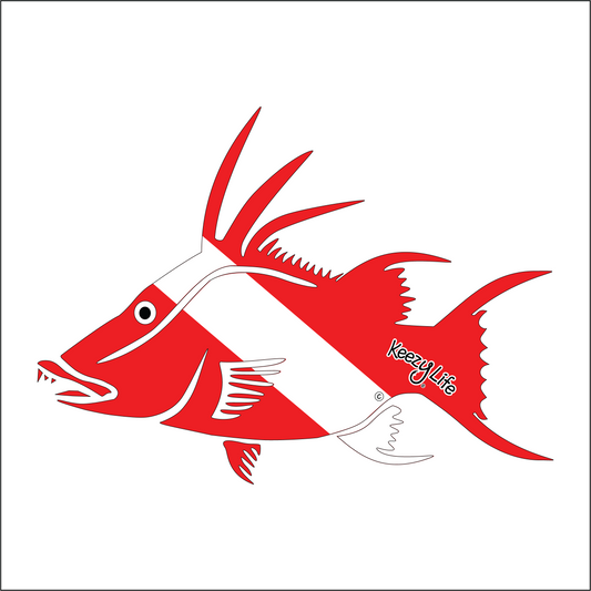Copyrighted image of a Hogfish. Red body with a white stripe that looks live a diver down flag.
