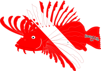 Copyrighted image of a Lionfish. Red body with a white stripe that looks live a diver down flag.