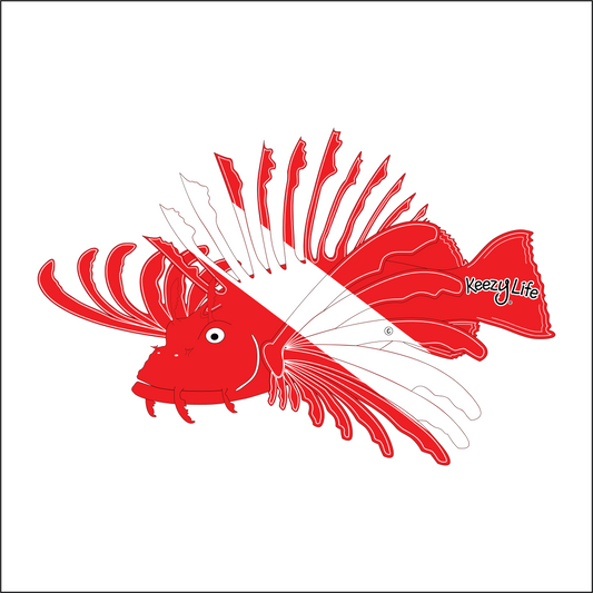 Copyrighted image of a Lionfish. Red body with a white stripe that looks live a diver down flag.