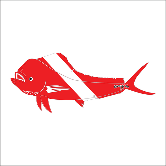 Copyrighted image of a Mahi Mahi. Red body with a white stripe that looks live a diver down flag.