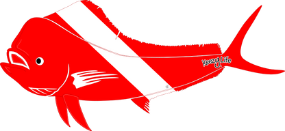 Copyrighted image of a Mahi Mahi. Red body with a white stripe that looks live a diver down flag.