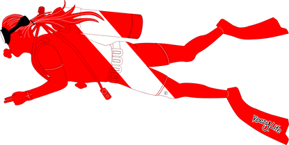 Copyrighted image of a Scuba Woman. Red body with a white stripe that looks live a diver down flag.