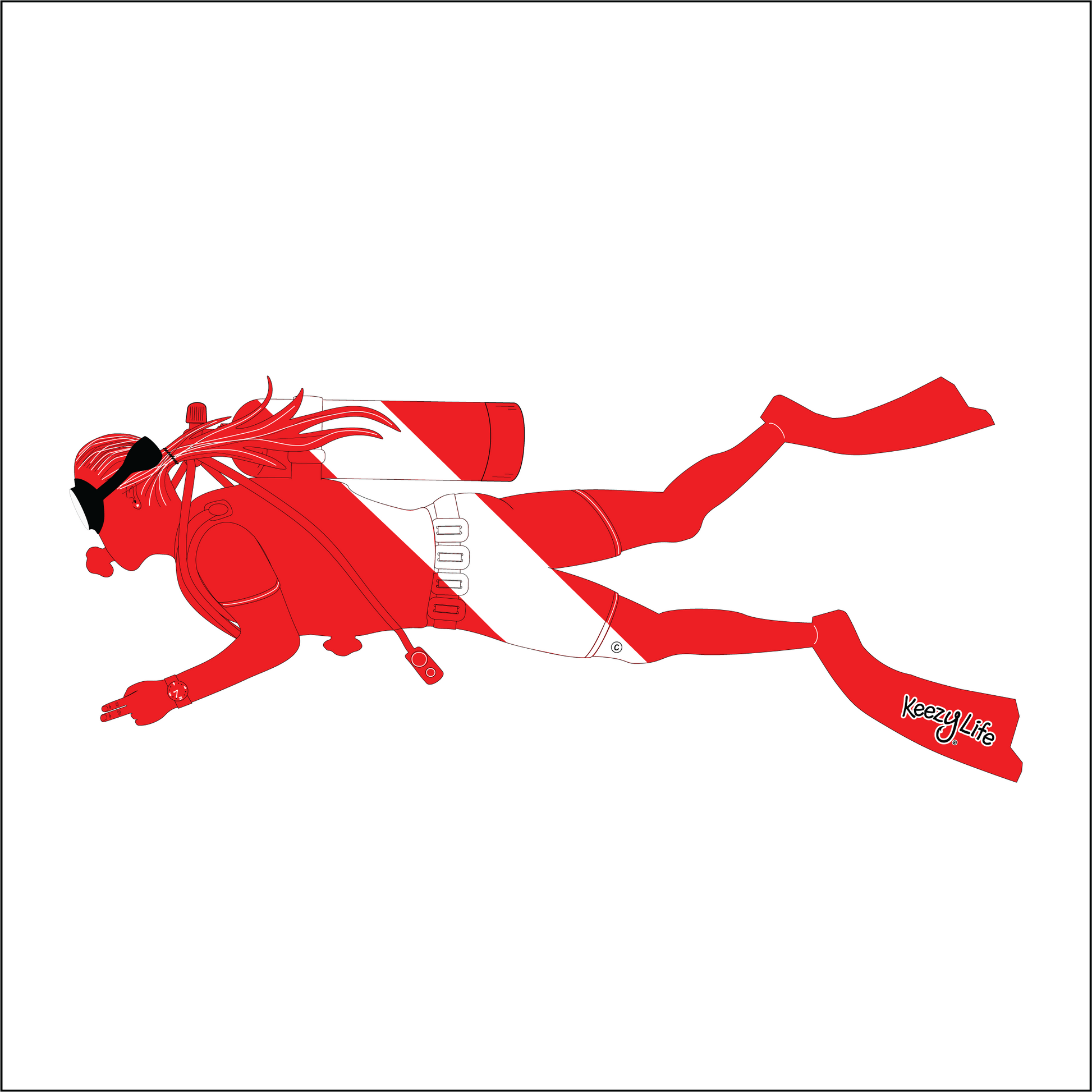 Copyrighted image of a Scuba Woman. Red body with a white stripe that looks live a diver down flag.