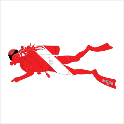 Copyrighted image of a Scuba Woman. Red body with a white stripe that looks live a diver down flag.