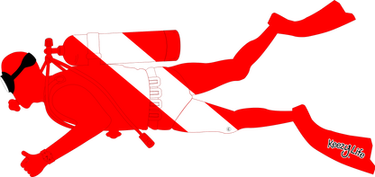 Copyrighted image of a Scuba Man. Red body with a white stripe that looks live a diver down flag.