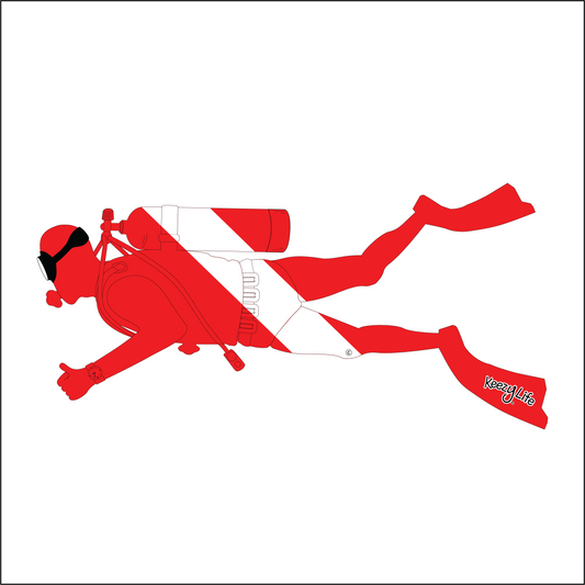 Copyrighted image of a Scuba Man. Red body with a white stripe that looks live a diver down flag.