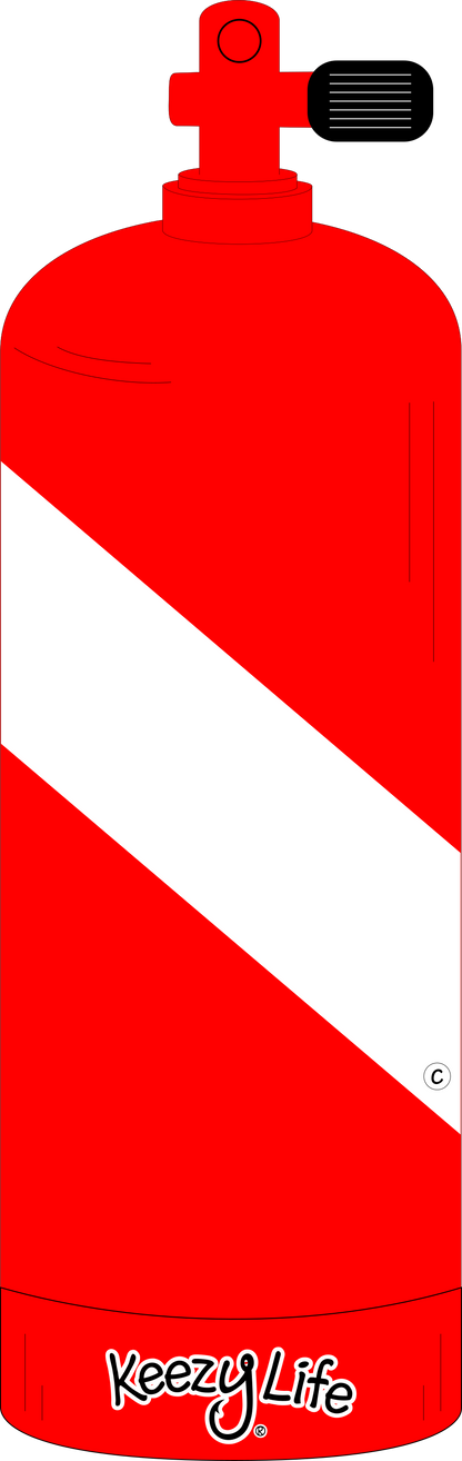 Copyrighted image of a Scuba Tank. Red body with a white stripe that looks live a diver down flag.