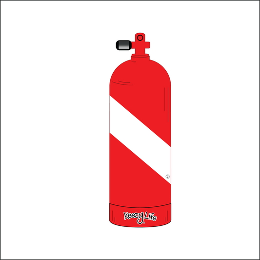 Copyrighted image of a Scuba Tank. Red body with a white stripe that looks live a diver down flag.