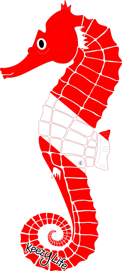 Copyrighted image of a Sea Horse. Red body with a white stripe that looks live a diver down flag.