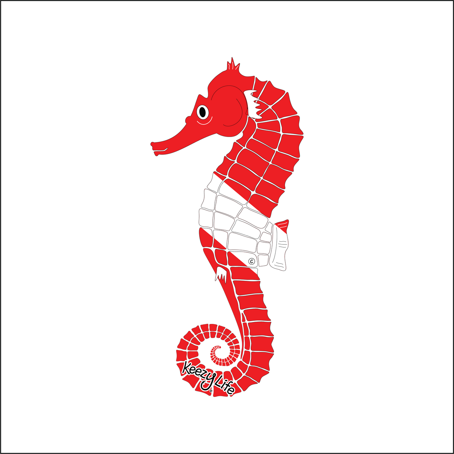 Copyrighted image of a Sea Horse. Red body with a white stripe that looks live a diver down flag.