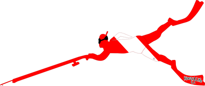 Copyrighted image of a Spear Man. Red body with a white stripe that looks live a diver down flag.