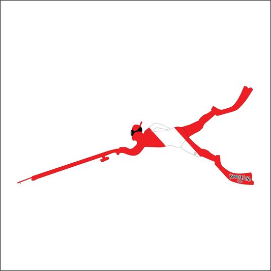Copyrighted image of a Spear Man. Red body with a white stripe that looks live a diver down flag.