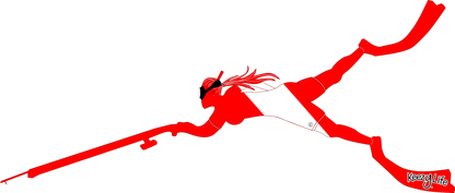 Copyrighted image of a Spear Woman. Red body with a white stripe that looks live a diver down flag.