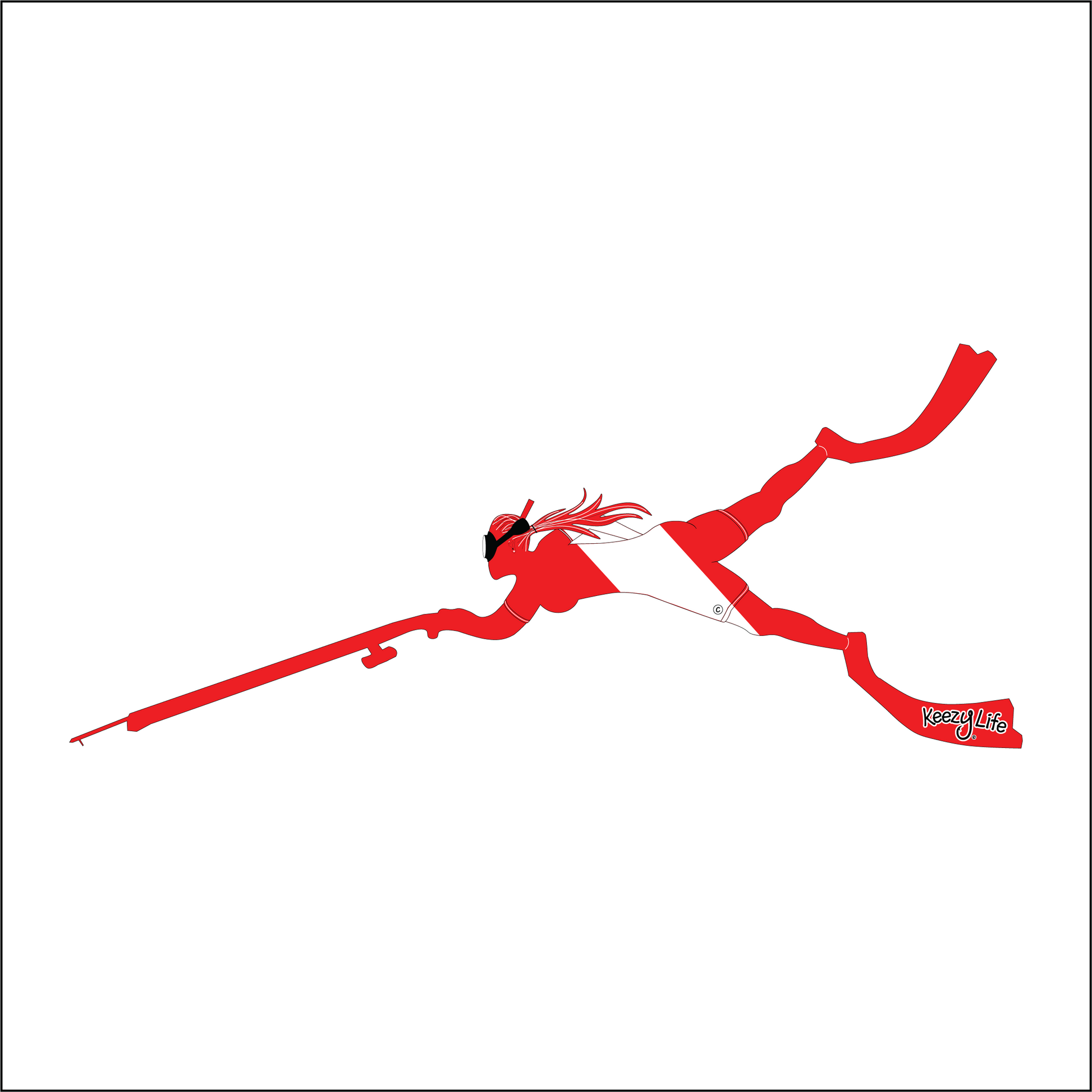 Copyrighted image of a Spear Woman. Red body with a white stripe that looks live a diver down flag.