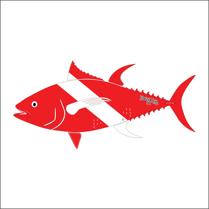Copyrighted image of a Tuna. Red body with a white stripe that looks live a diver down flag.