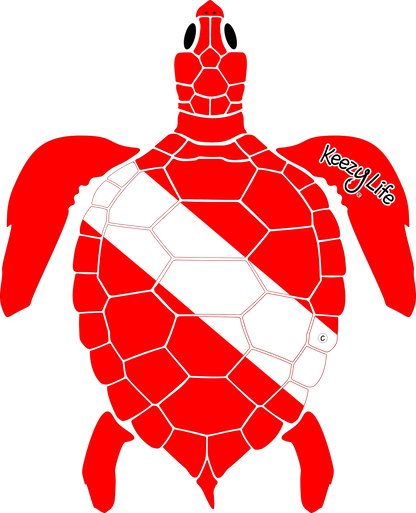 Copyrighted image of a Sea turtle. Red body with a white stripe that looks live a diver down flag.