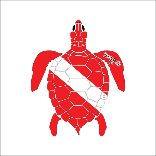 Copyrighted image of a Sea turtle. Red body with a white stripe that looks like a diver down flag.