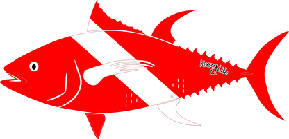 Copyrighted image of a Tuna. Red body with a white stripe that looks live a diver down flag.
