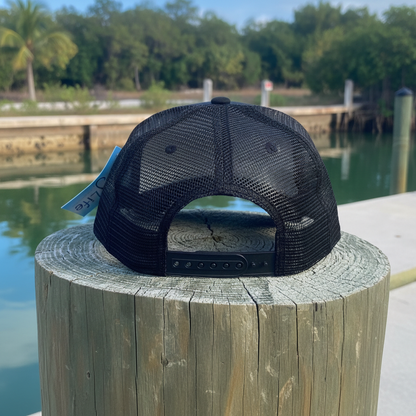 Black Trucker Hat Back with Waterfront Background