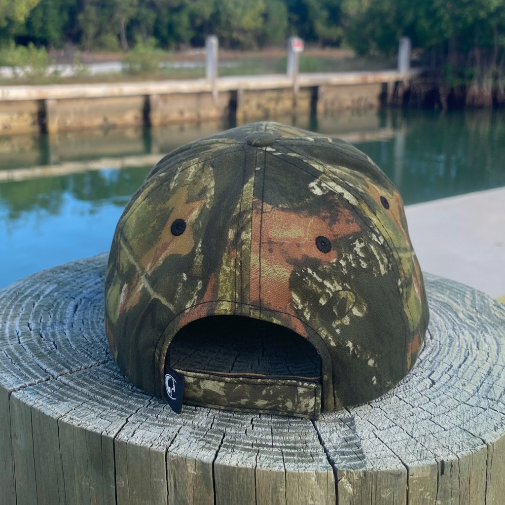 Camo Hat Back with Waterfront Background