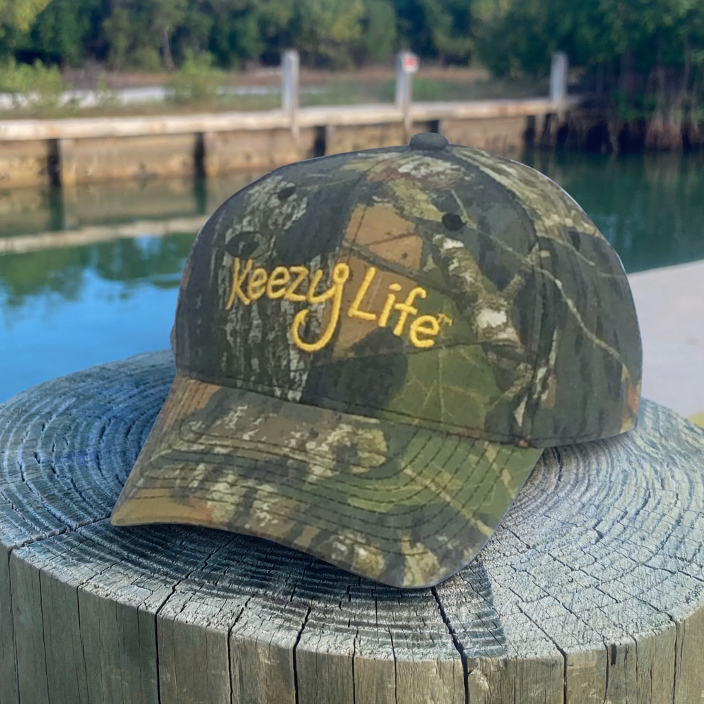 Camo Trucker Hat with Waterfront Background